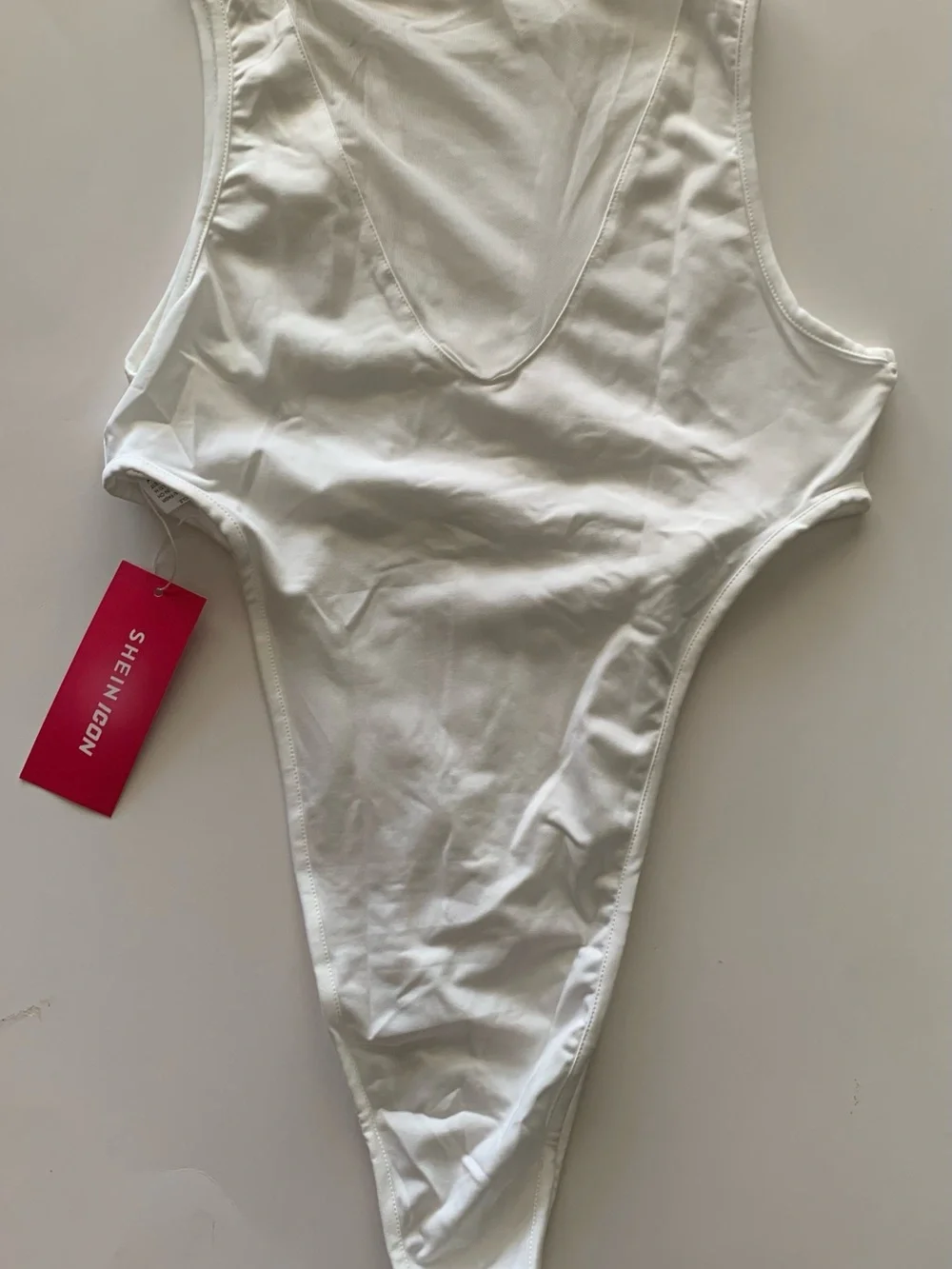 Shein Mock Neck Sheer Mesh Panel Sleeveless White Bodysuit Brand New Size S